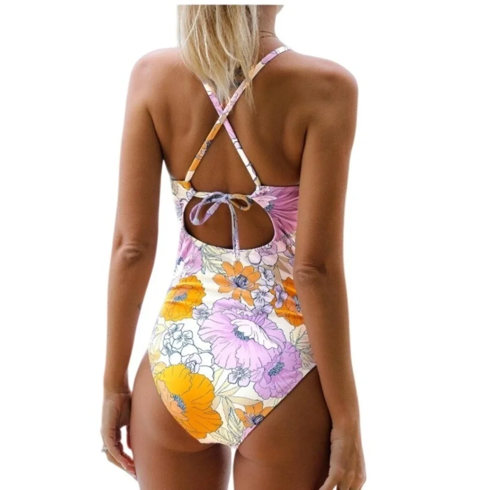 Cupshe Womens‎ Floral High Neck One Piece Swimsuit Lavender Yellow Small